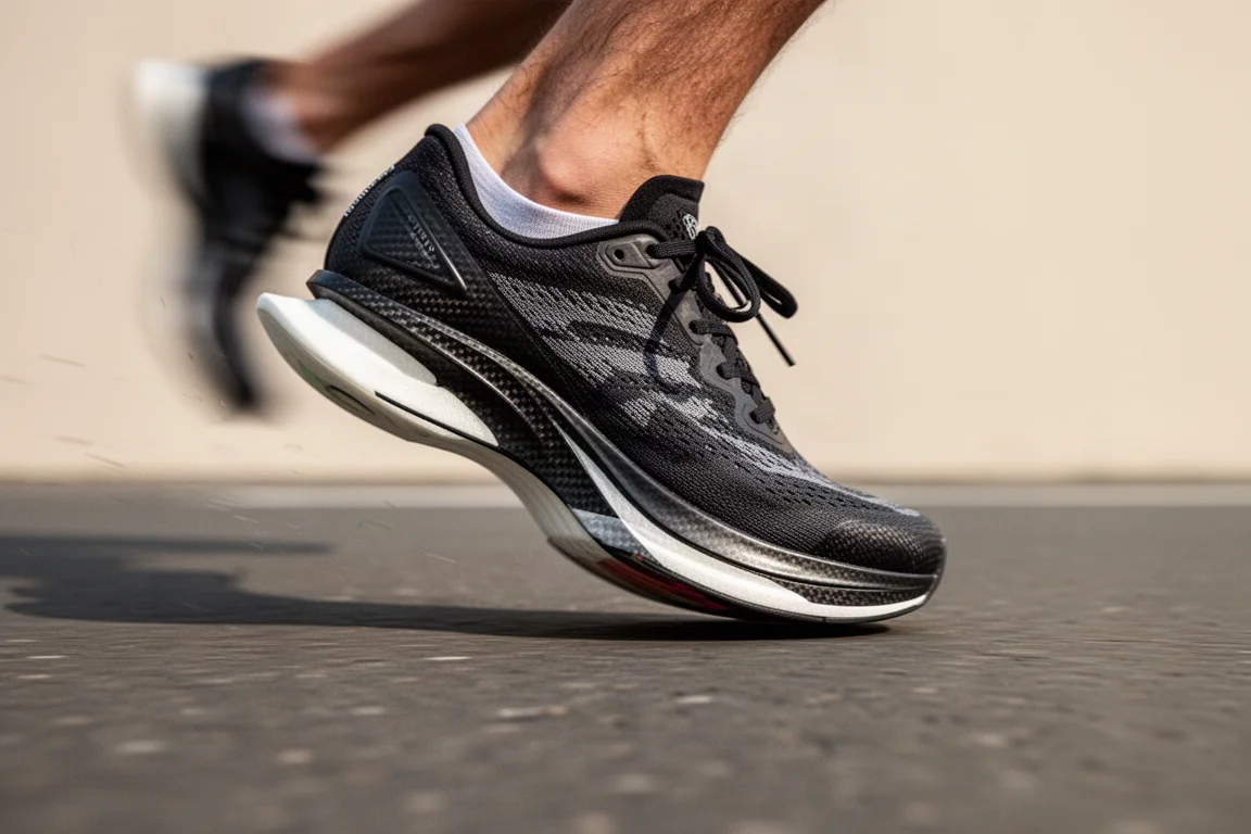 Primo piano della intersuola di una scarpa da gara con placca in carbonio durante uno sforzo da maratona