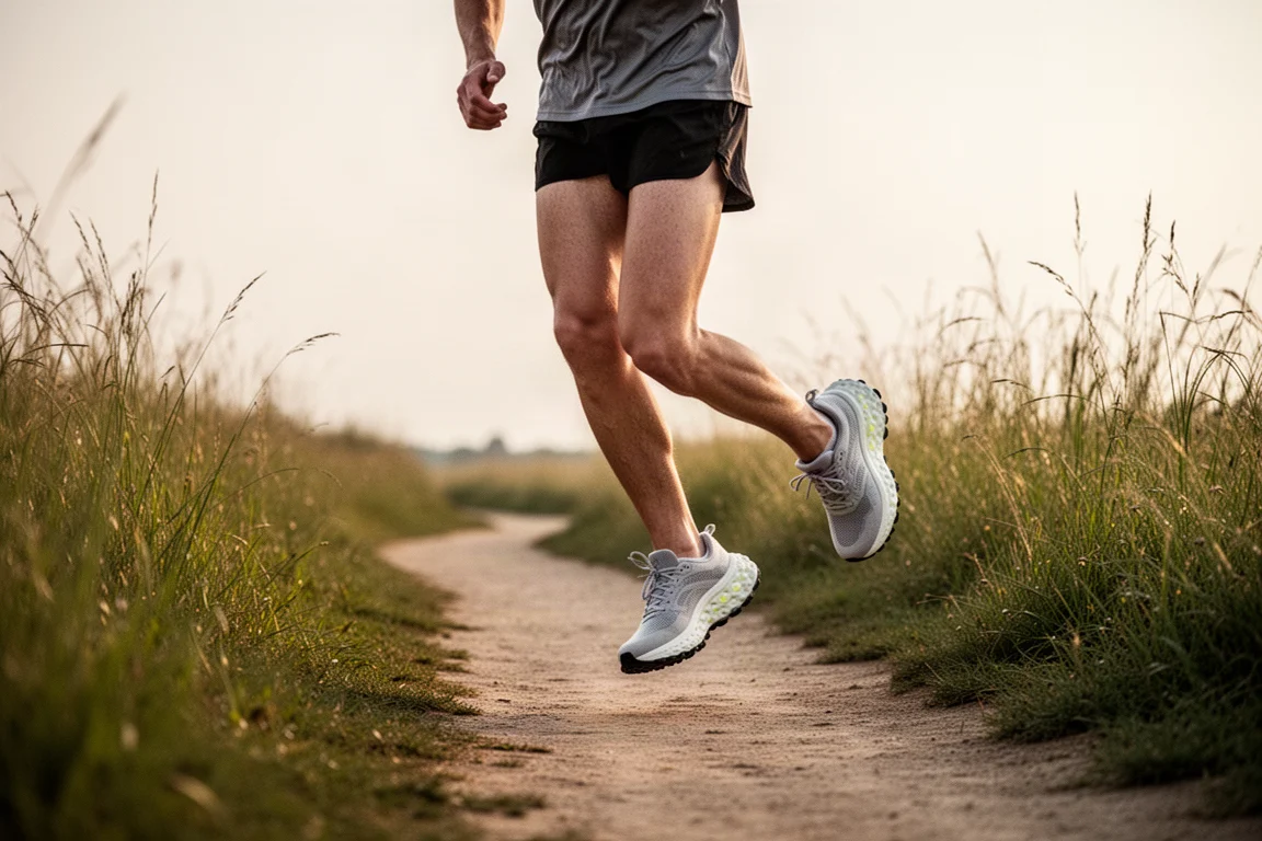 Un runner trotterella lentamente su un sentiero morbido con scarpe max-cushion avvolgenti