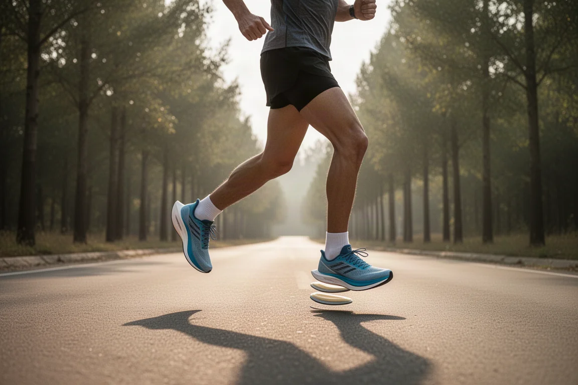 Un atleta conclude una lunga corsa domenicale su strada aperta con scarpe speed dal tacco alto