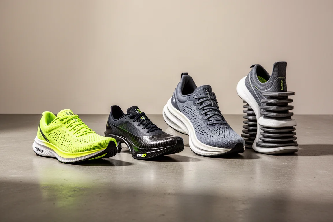 Four different running shoes lined up on a concrete studio floor
