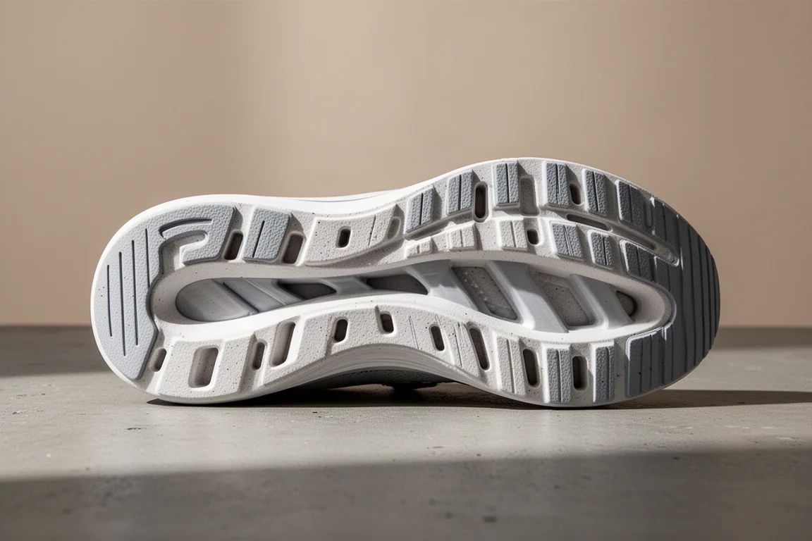 Chaussure de trail franchissant racines et rochers sur un sentier boueux