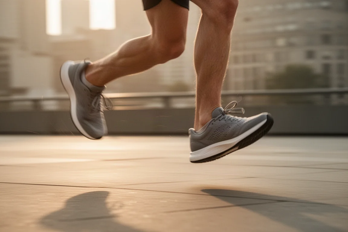 Chaussure de course sur une route au crépuscule avec dossard et cônes à proximité