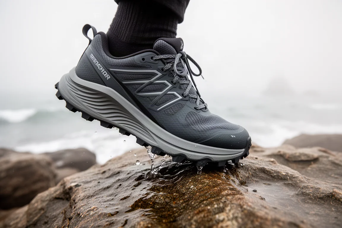 Außensohle eines Trail-Schuhs im Stil des Hoka Speedgoat 5 auf einem nassen, felsigen Trail