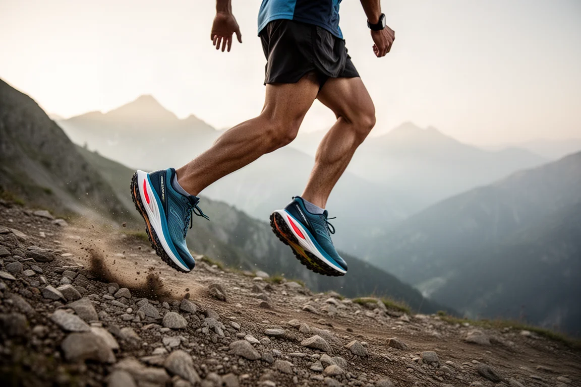 Trail-Schuh mit Carbonplatte auf einem steilen Bergaufstieg