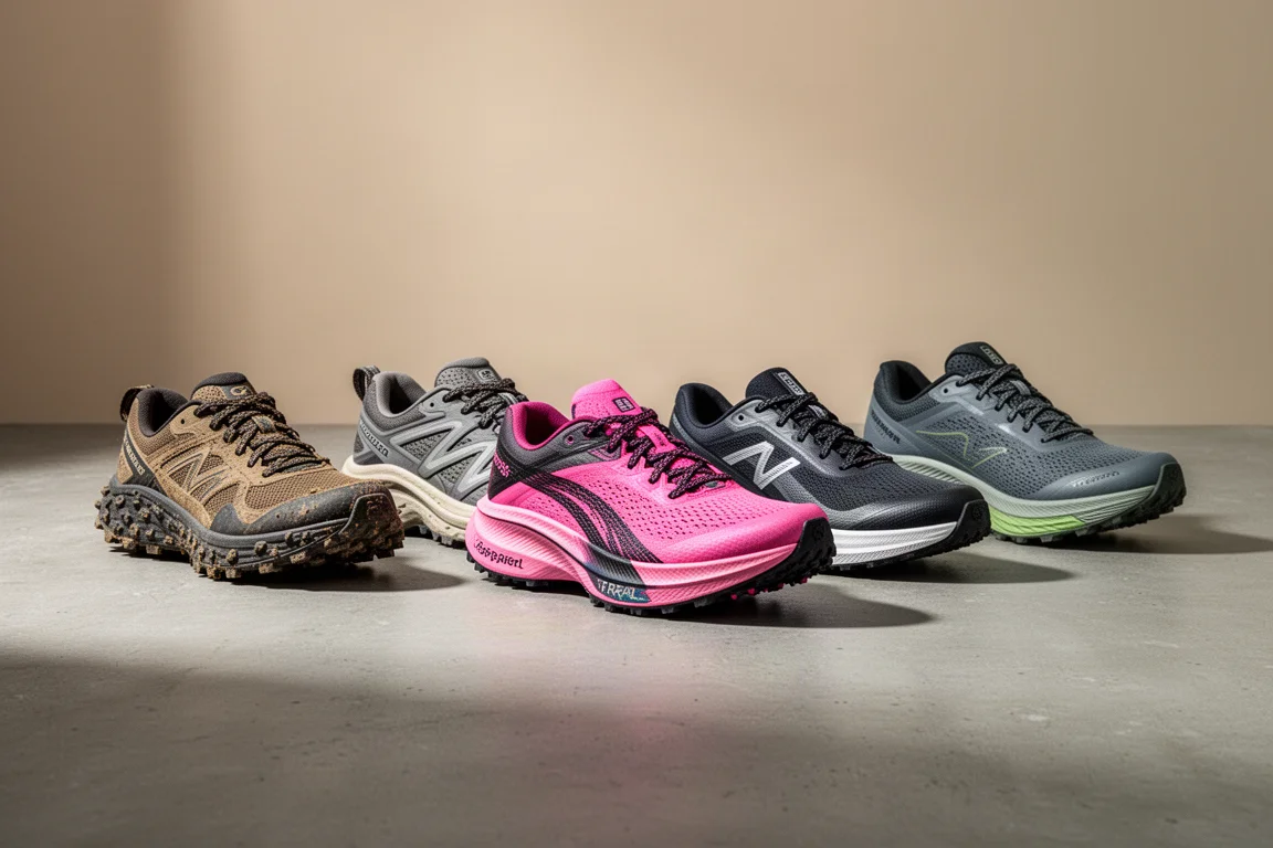Five road and trail running shoes lined up on a concrete surface