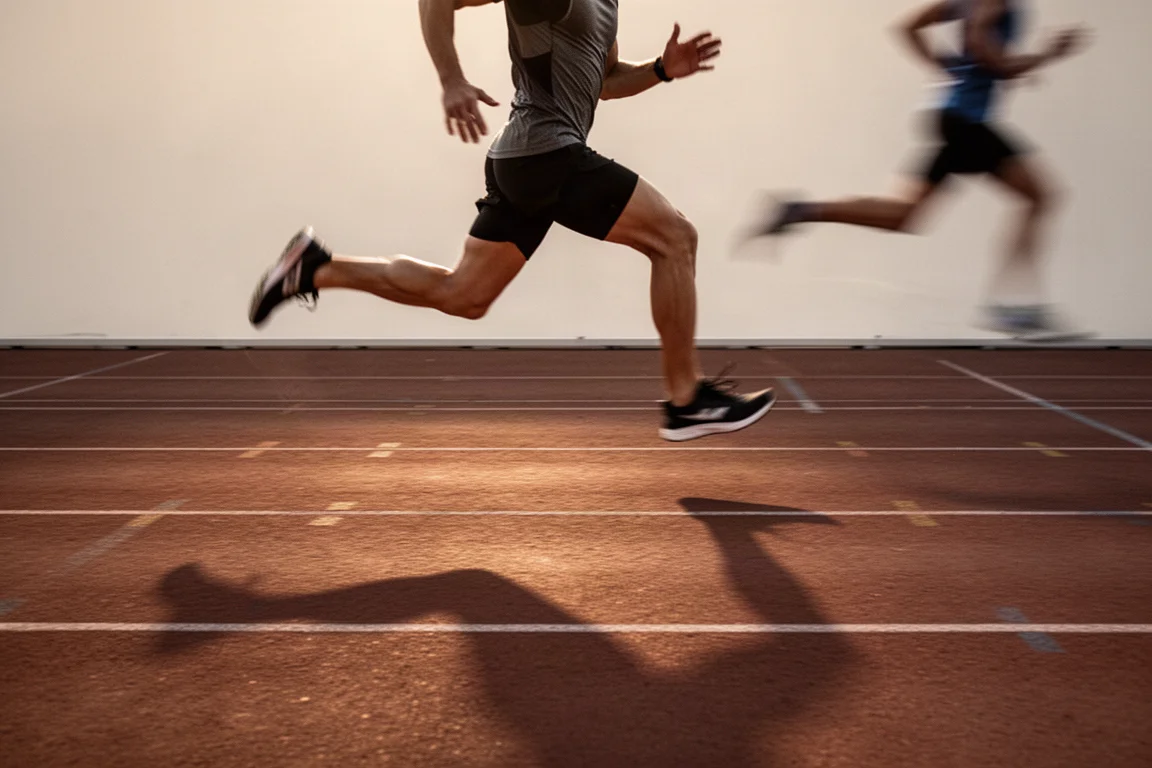 Corredor haciendo series rápidas de intervalos en una pista de atletismo vacía a la hora dorada