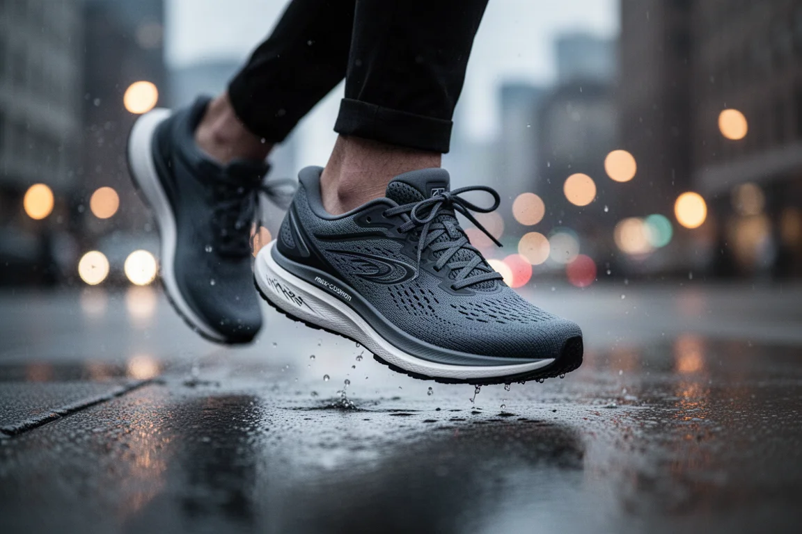 Zapatilla de running de máxima amortiguación a mitad de zancada sobre asfalto urbano mojado al atardecer
