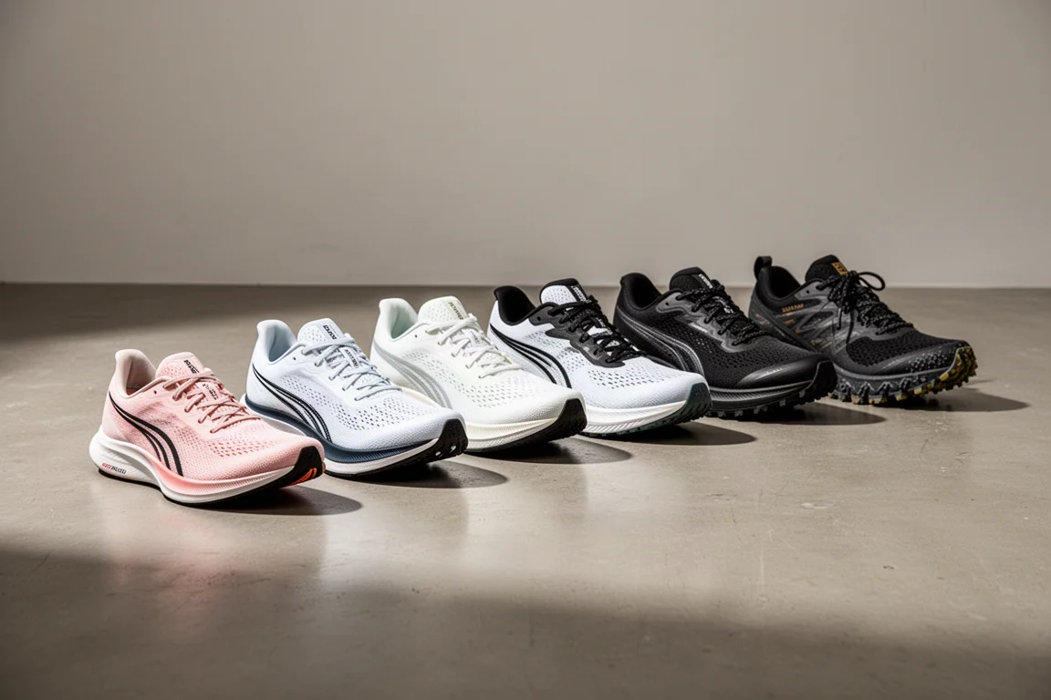 Lineup of eight 2022 running shoes on a matte concrete floor