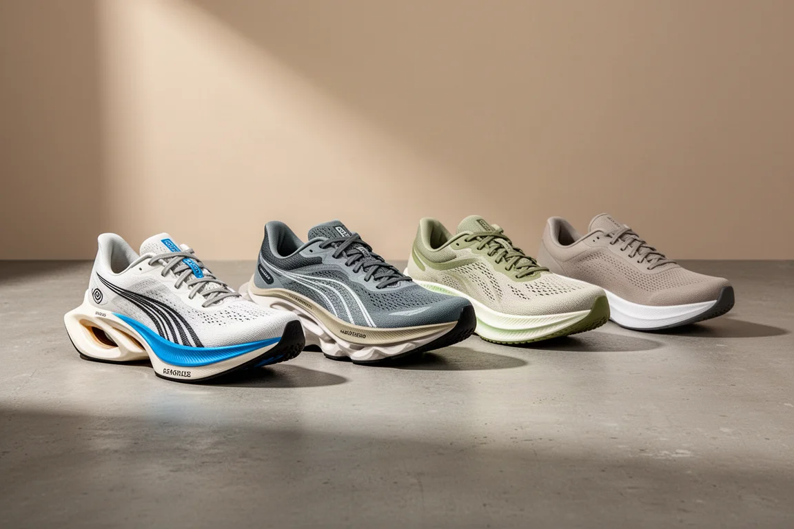 Allineamento di cinque scarpe da running performanti su una superficie di cemento opaco