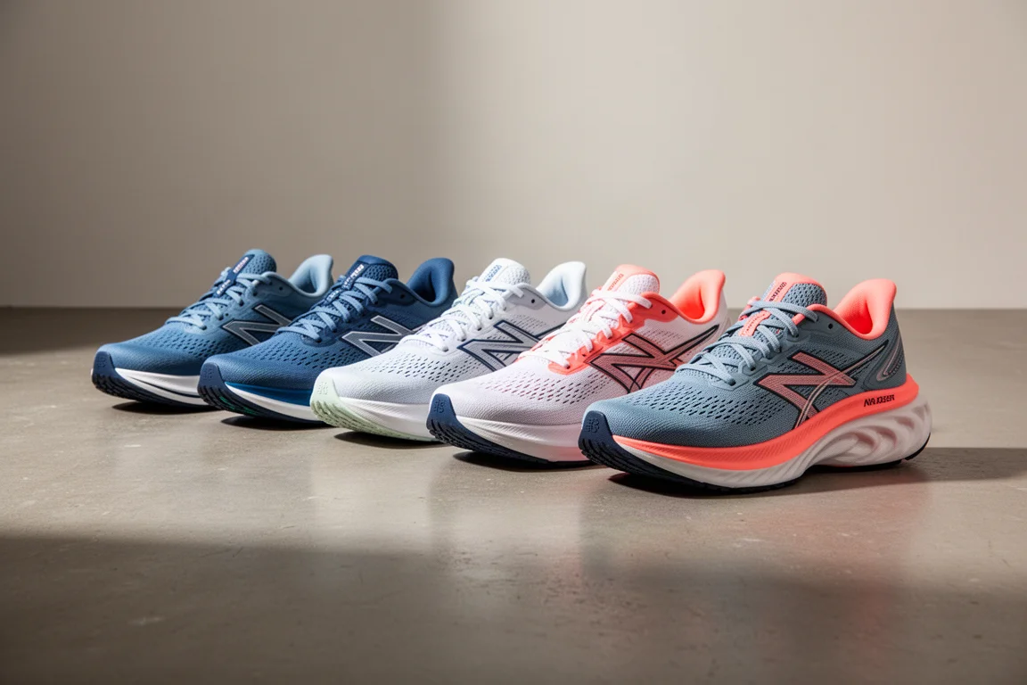 Lineup of six modern running shoes in mixed colorways on a concrete studio floor