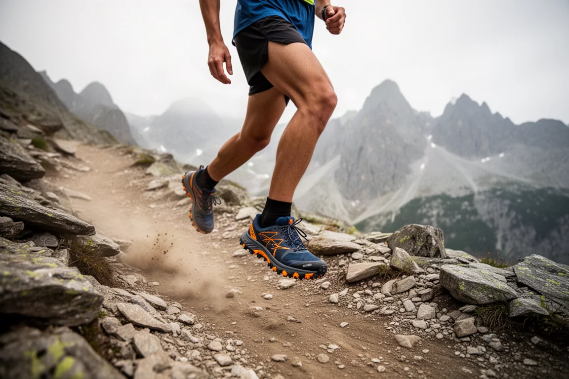 Füße eines Läufers mitten im Schritt auf glattem Asphalt bei einem lockeren Lauf