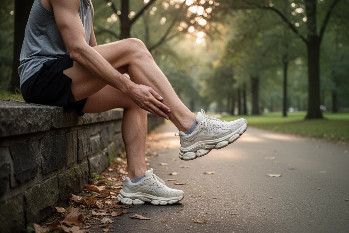 Flache Anordnung von Laufausrüstung und Schuhen auf Betonboden vor einem langen Lauf