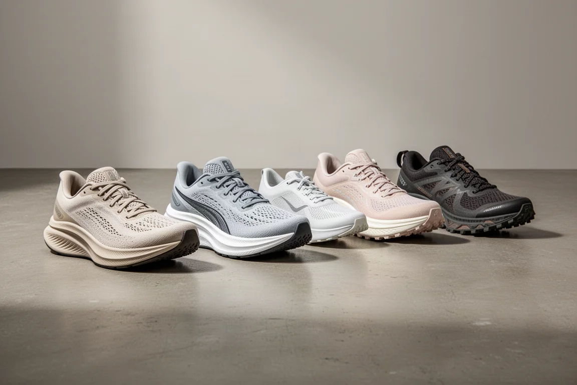 Cinque scarpe da running diverse allineate su un pavimento di cemento