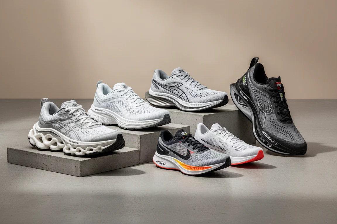 Vijf hardloopschoenen van verschillende categorieën op een rij op een betonnen ondergrond