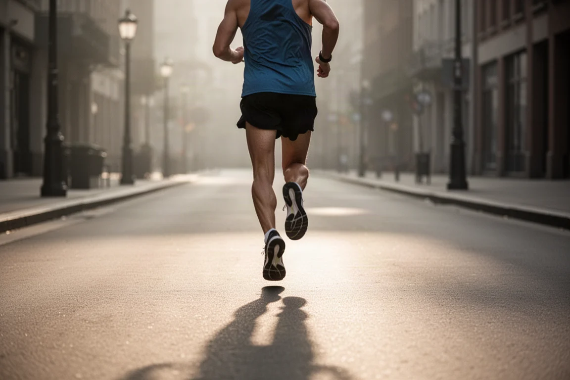 Runner durante una corsa facile al mattino in strade di città tranquille
