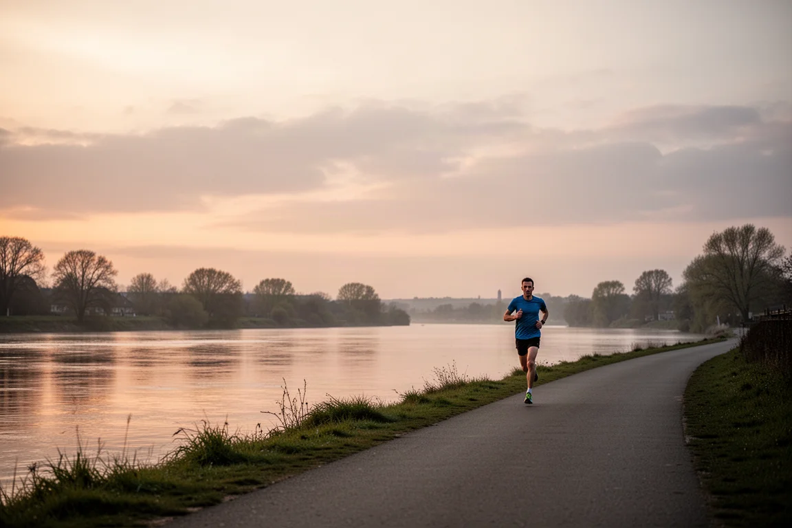 Runner durante un lungo allenamento a ritmo maratona costante al tramonto