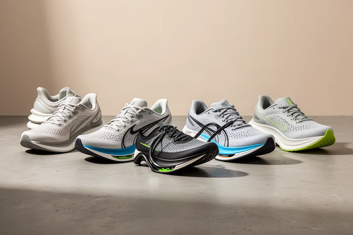 Six running shoes arranged in a row on a concrete surface