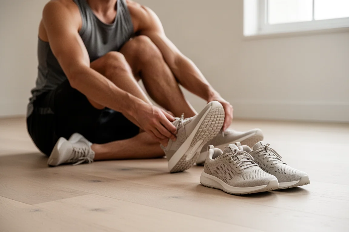 Un runner si allunga accanto a un paio di scarpe da allenamento su un pavimento in legno