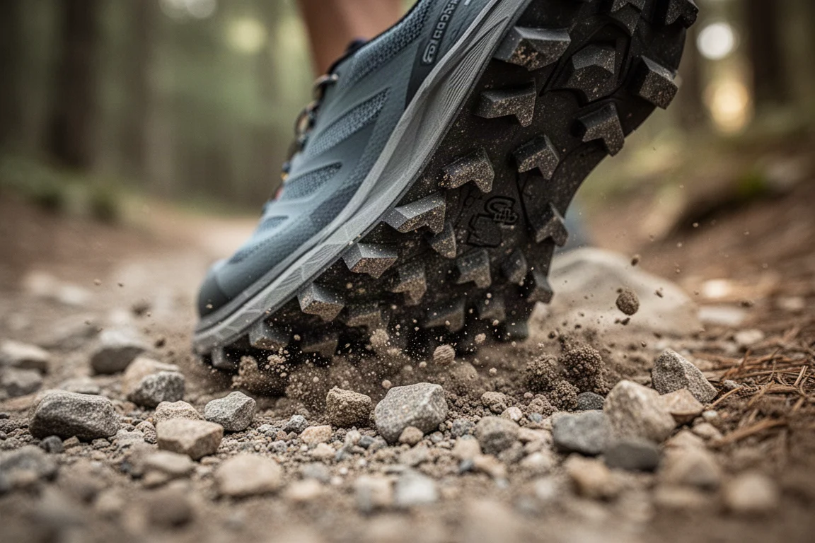 Suola di una scarpa da trail con tasselli profondi che aggancia un sentiero ghiaioso e roccioso