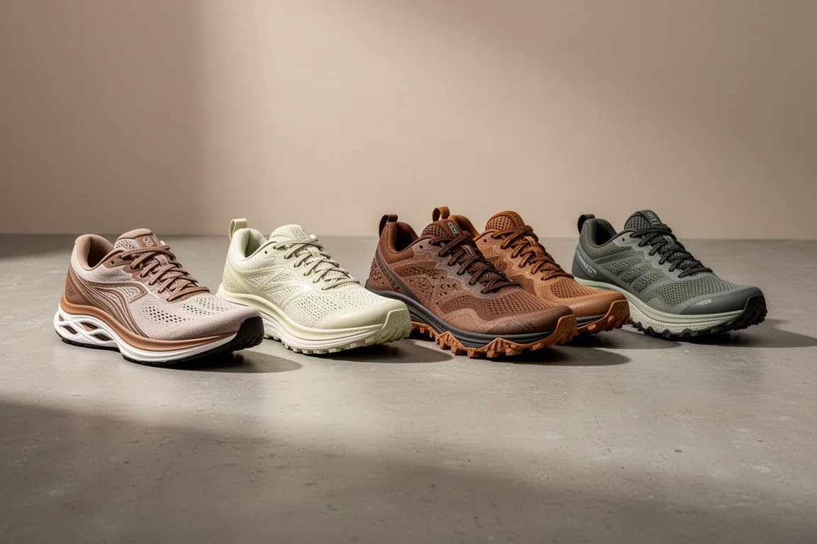 Five road and trail running shoes arranged in a row on a concrete surface