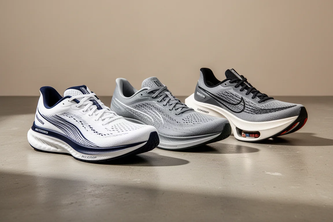 Lineup of modern running shoes on a matte concrete surface