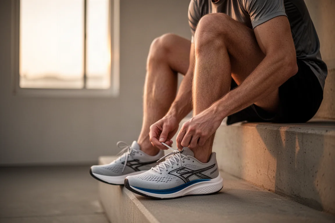 Runner lacing up a pair of road running shoes before an early morning run