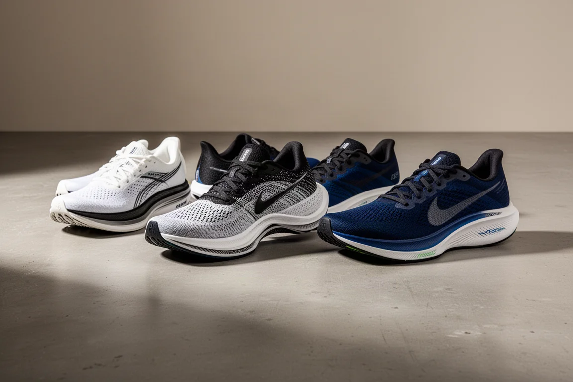 Sei moderne scarpe da running su strada di silhouette varie disposte su una superficie in cemento