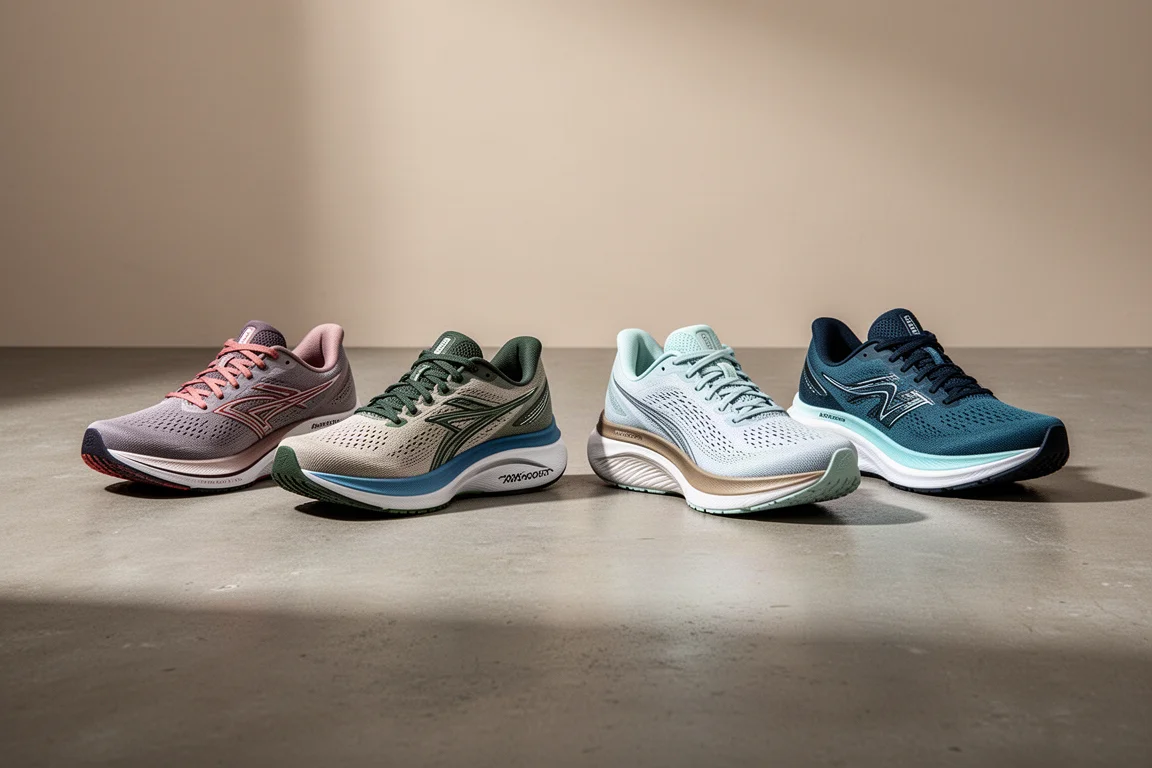 Lineup of modern cushioned running shoes on a concrete studio floor