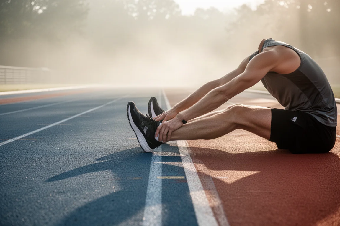 Runner stretching at the track on a bright morning