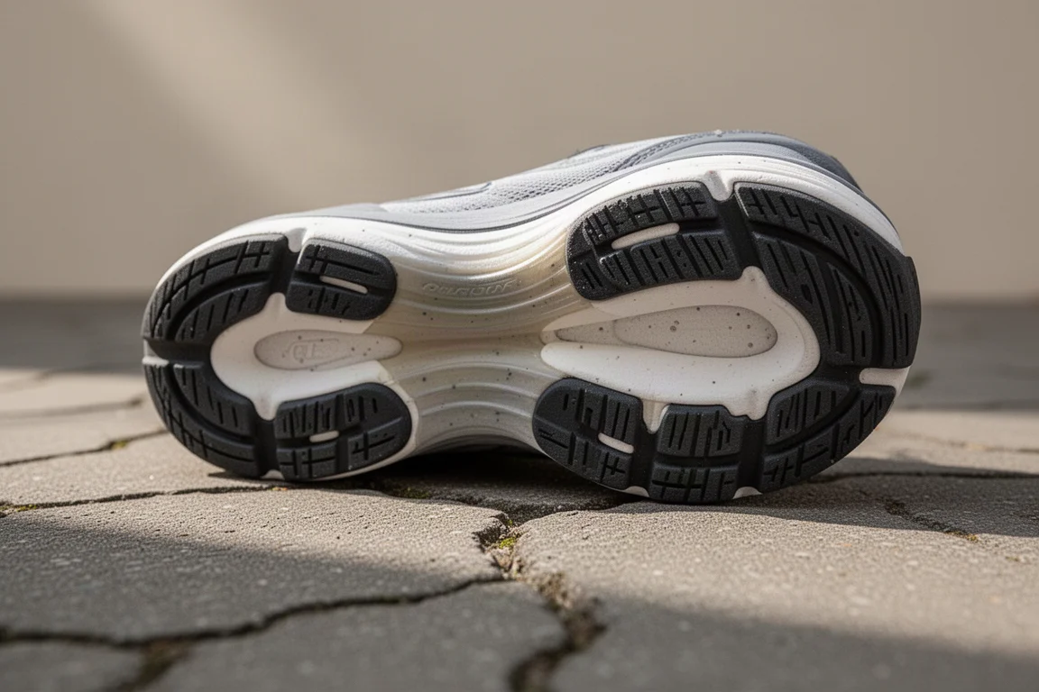 Close-up of a running shoe midsole and outsole on pavement