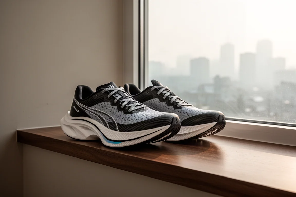 Pair of racing shoes on a windowsill with morning light