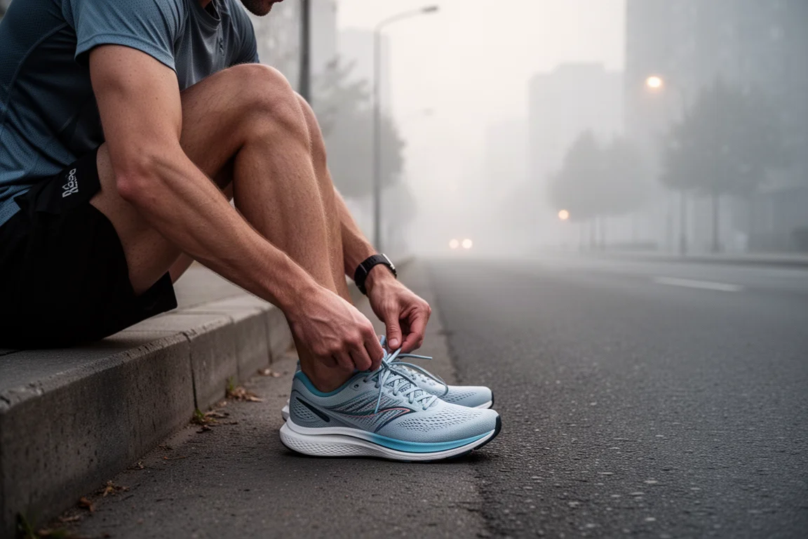 Läufer schnürt einen leichten Rennschuh auf einer ruhigen Straße vor dem Training