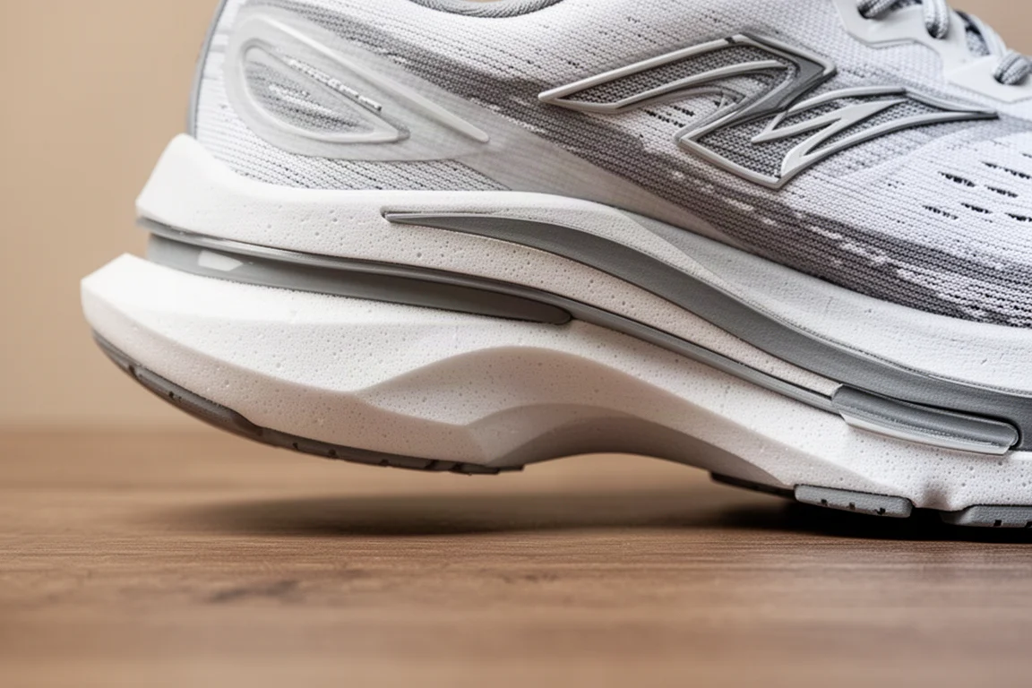 Nahaufnahme einer rockerförmigen Laufschuh-Mittelsohle mit Schaumschichten und Platte