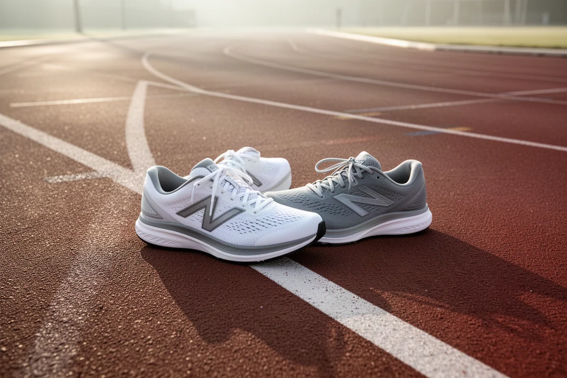 Ein Paar Laufschuhe liegt im Morgenlicht neben einer Laufbahn