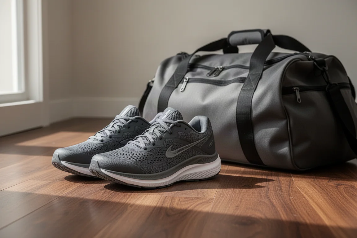 Gedämpfte Alltagslaufschuhe auf einem Holzboden neben einer gepackten Sporttasche
