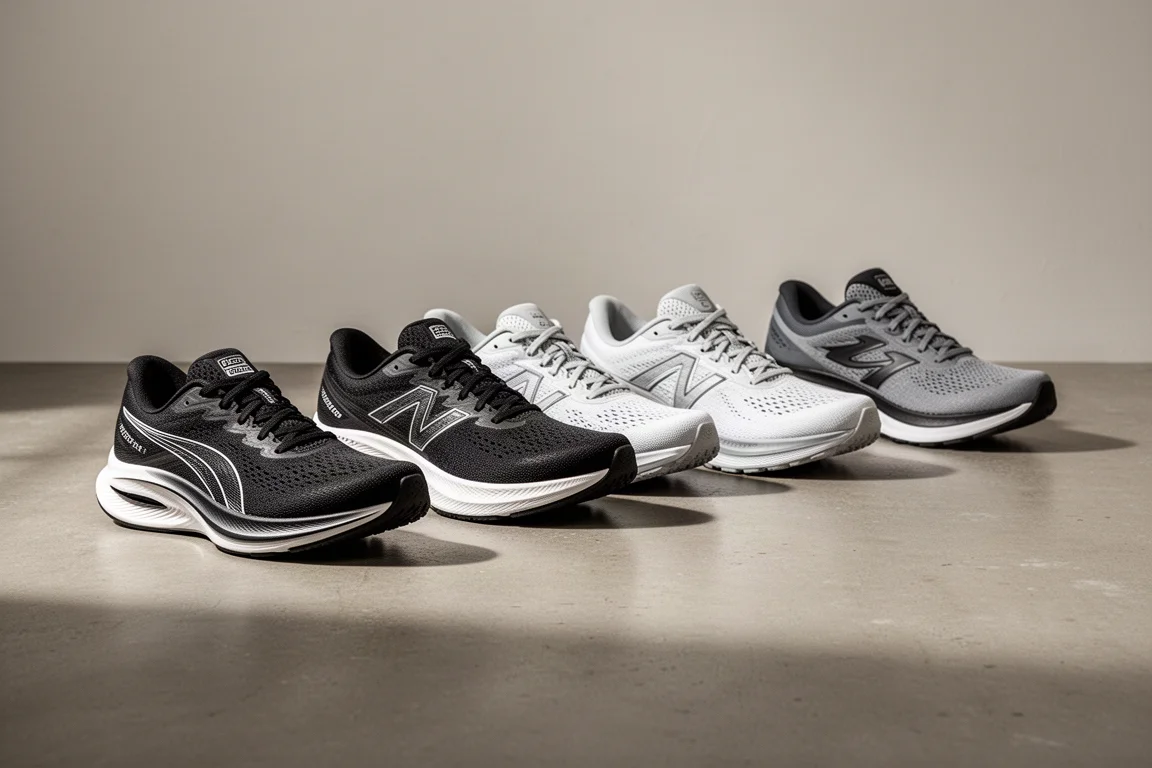 Six running shoes lined up on a concrete studio floor