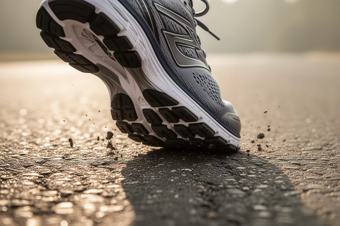 Primer plano de la suela de una zapatilla de running agarrándose al asfalto caliente bañado por el sol