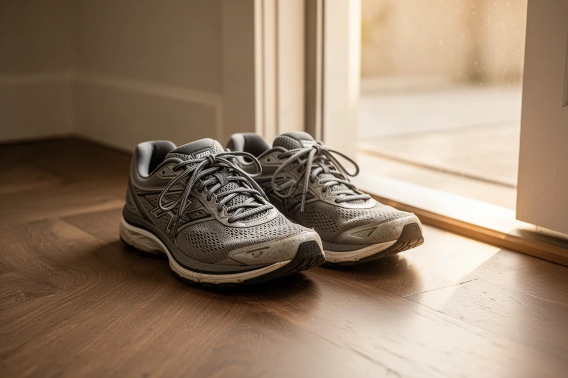Zapatillas de running diarias descansando junto a una puerta tras un trote matutino