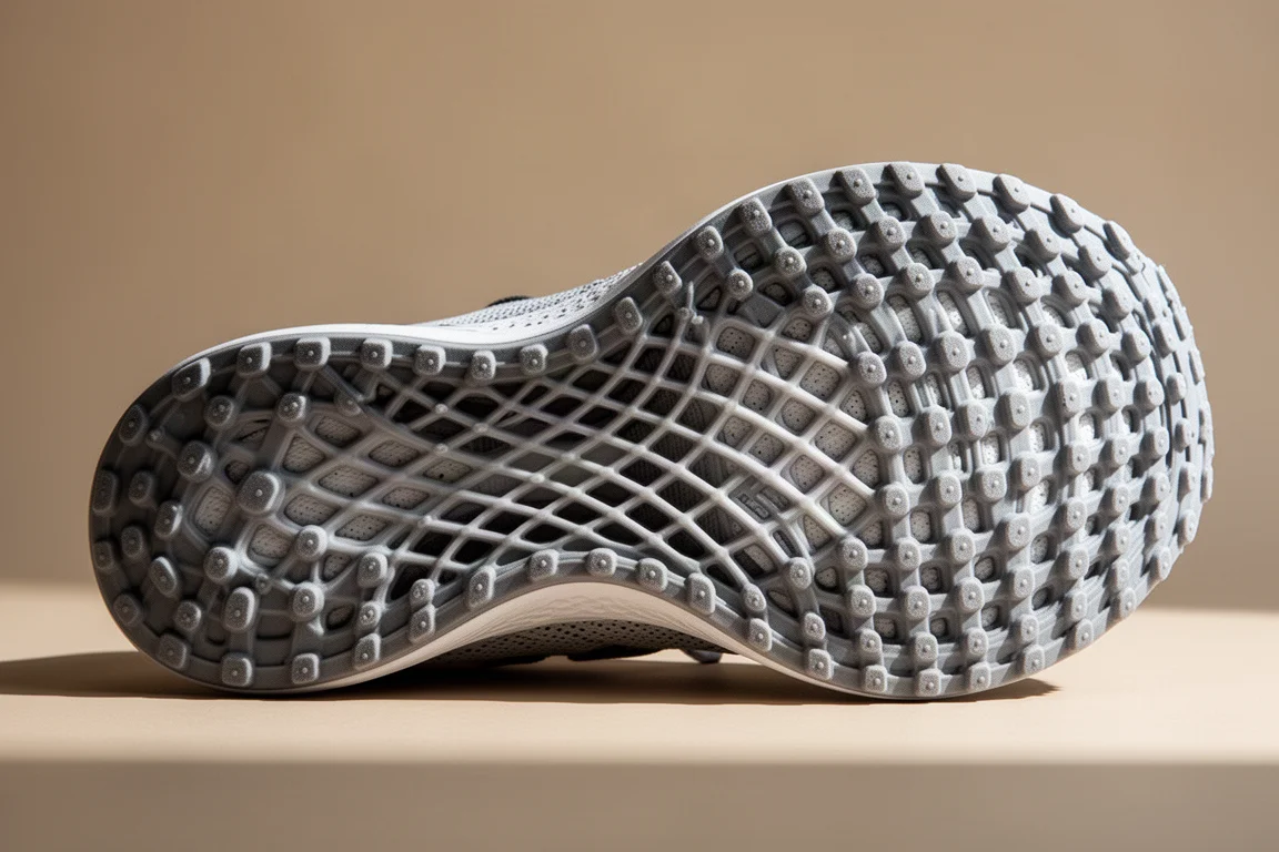 Suela exterior con un patrón de malla texturizada de tacos de goma bajo una zapatilla de running
