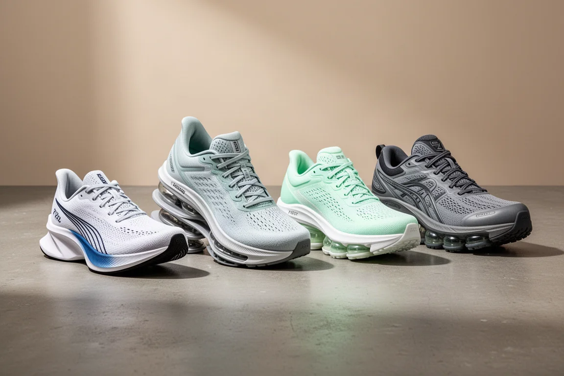 Four modern running shoes lined up on a matte concrete surface