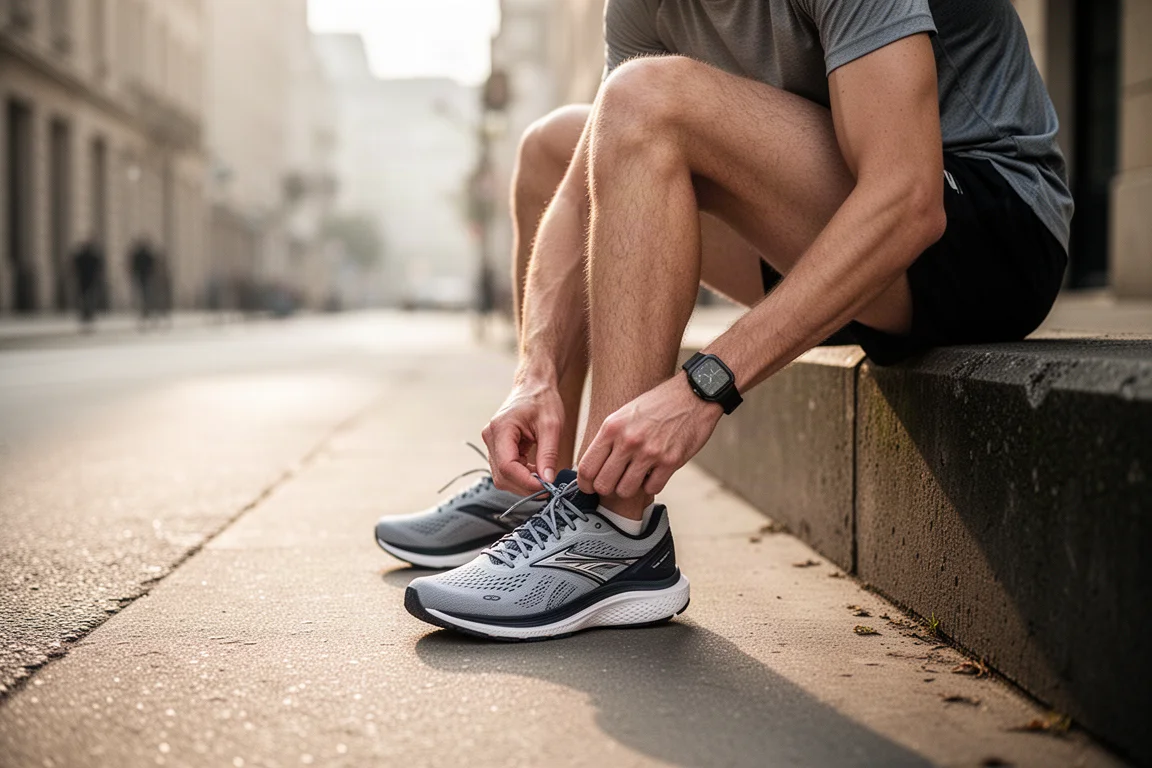 Runner lacing up a running shoe on a quiet city street in morning light