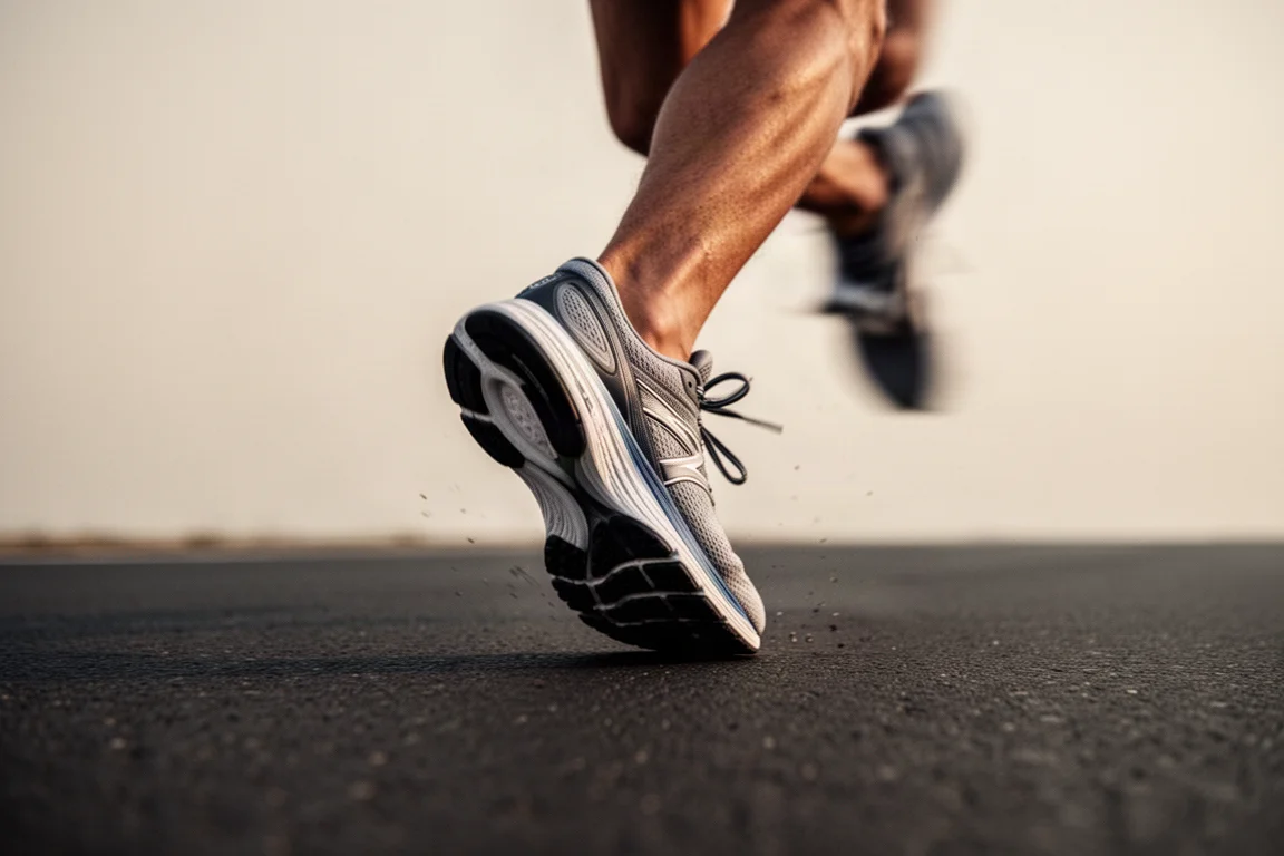 Runner's mid-stride footstrike on smooth tarmac with soft bounce feel emphasized