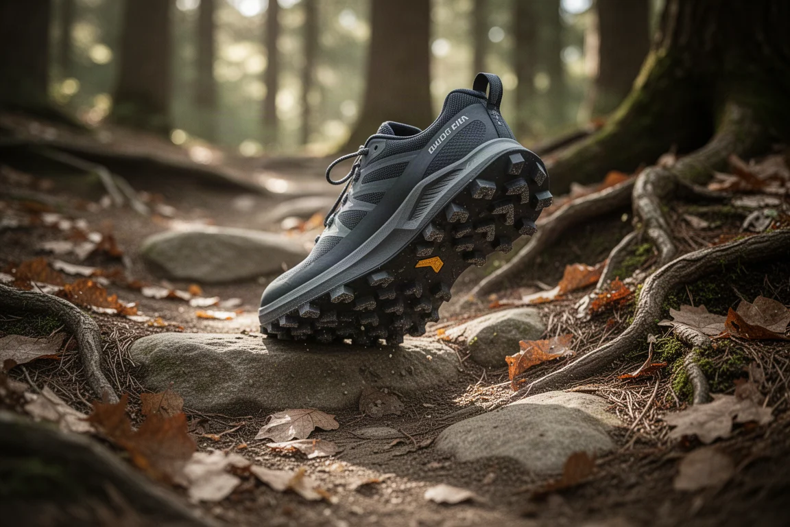 Single trail shoe on a rocky forest trail surrounded by leaves and roots