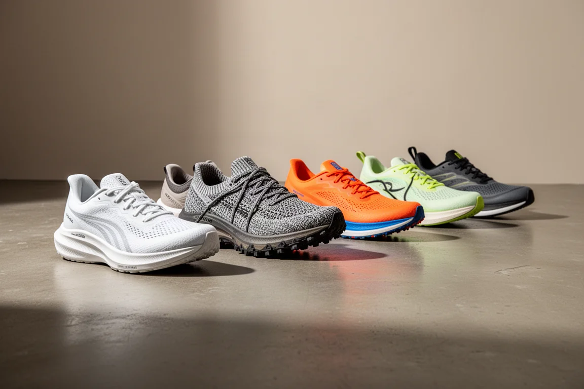 Schieramento di otto scarpe da running disposte su un pavimento in cemento in studio