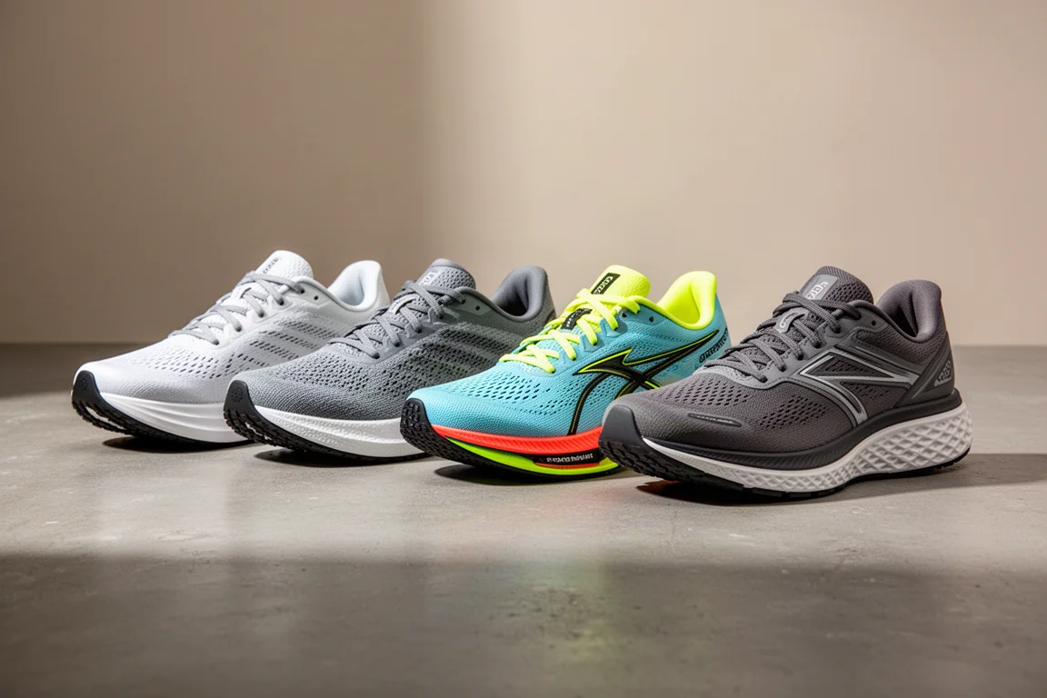 Cinque scarpe da running con spessori di intersuola diversi disposte su un pavimento di cemento