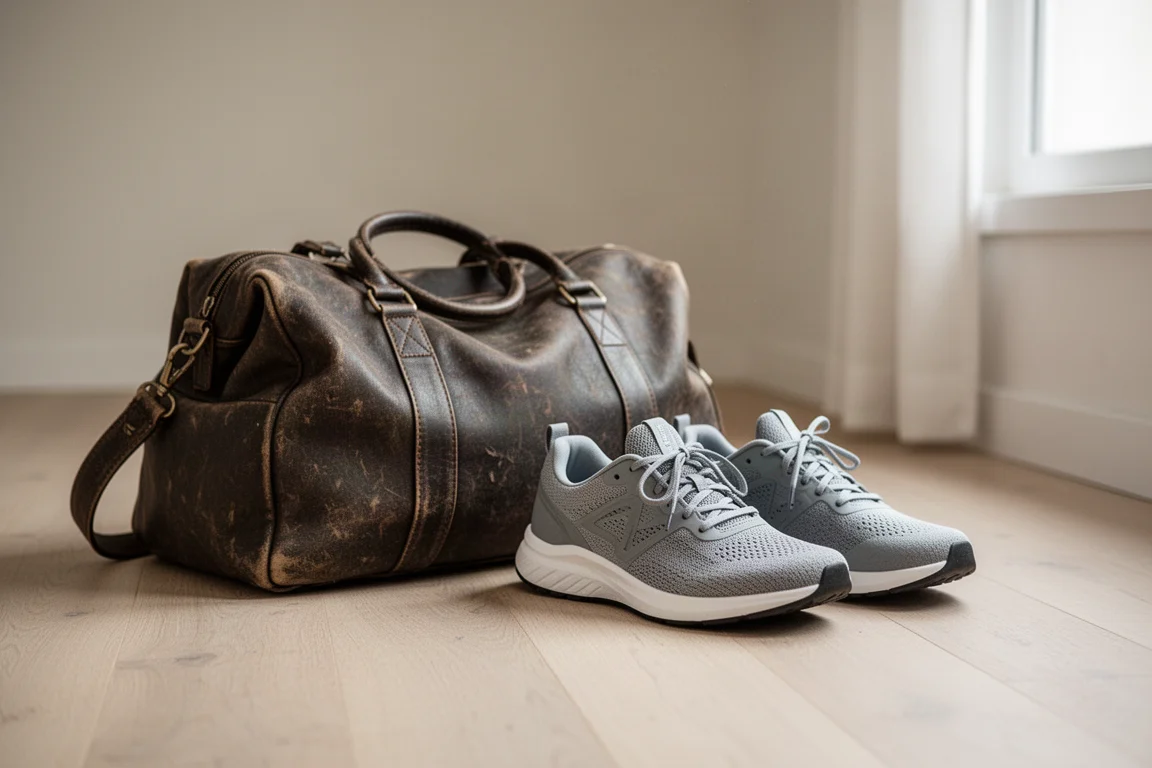 Tênis de corrida baratos em um piso de madeira ao lado de uma mochila de academia