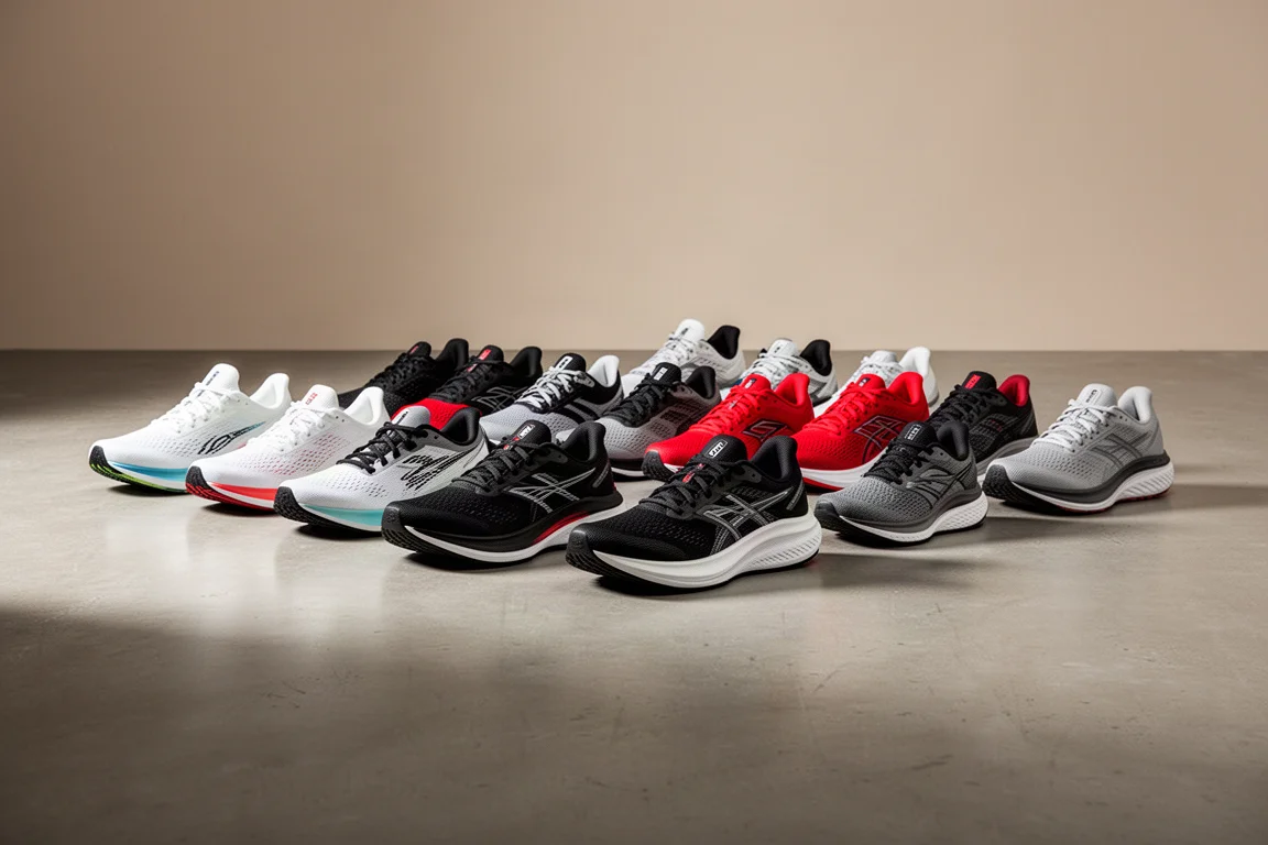 Lineup of modern running shoes on a concrete studio floor