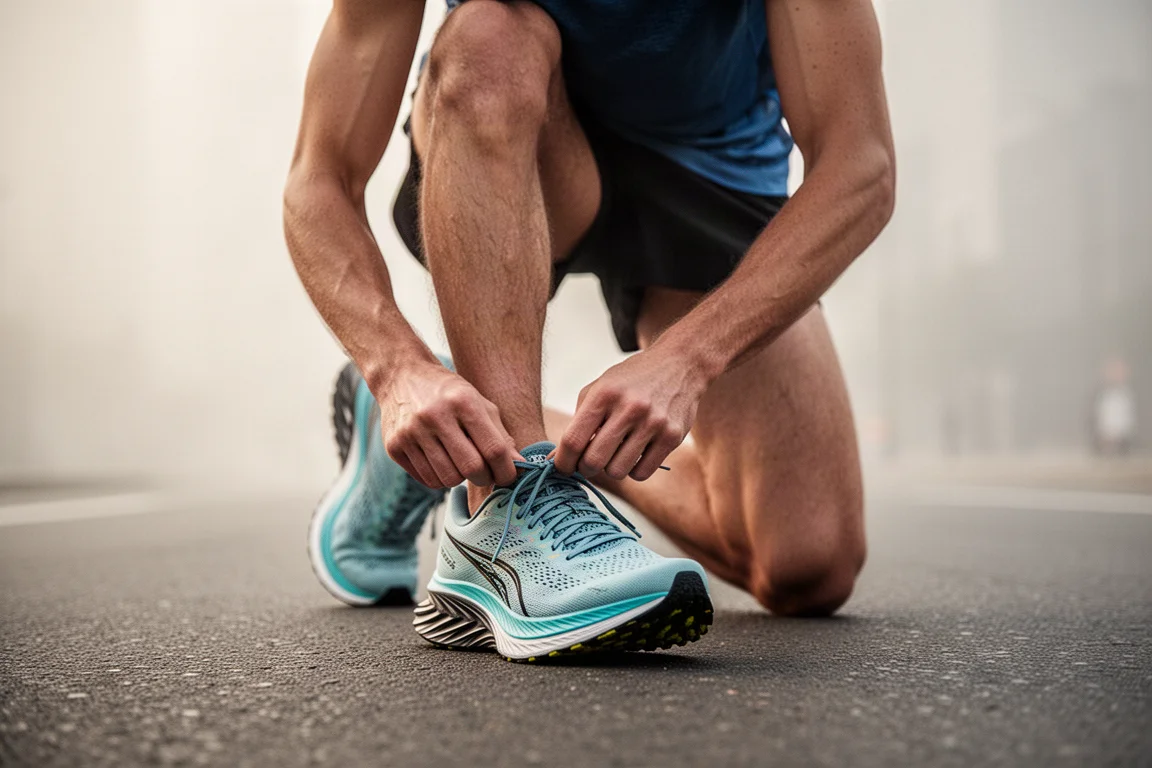 Runner lacing up a lightweight race shoe before a road race