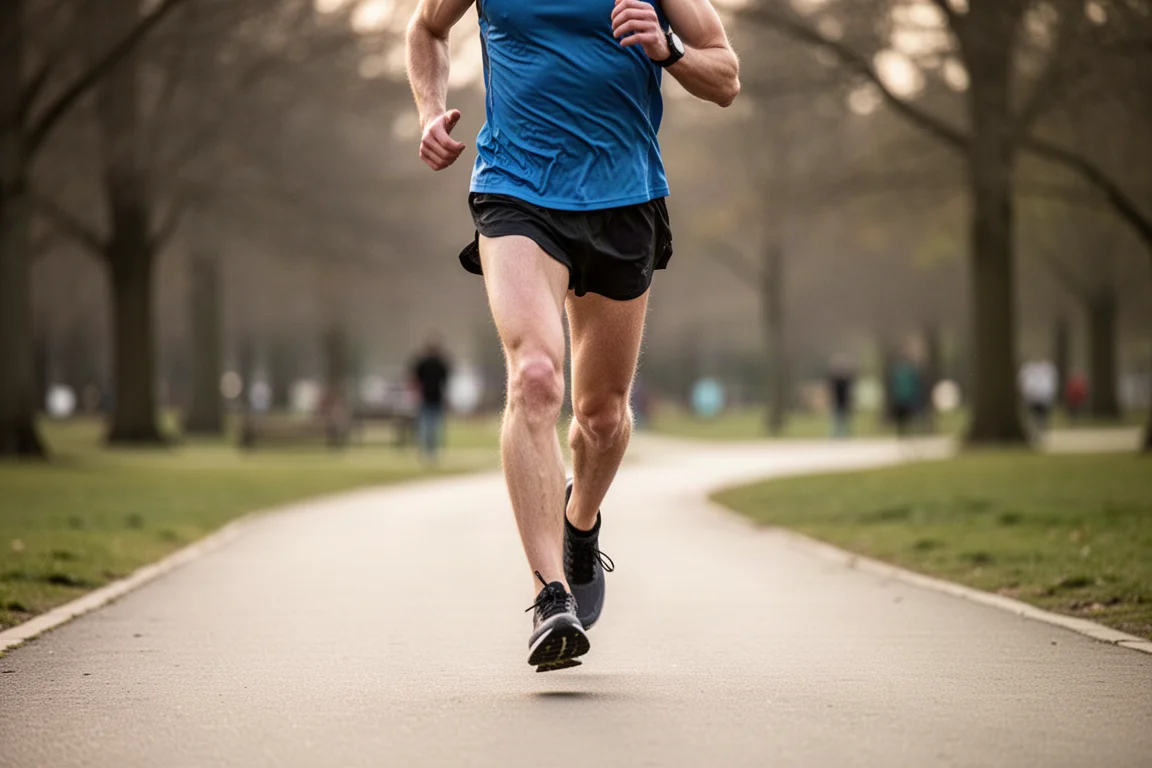 Runner holding a steady pace on a paved path during a tempo session