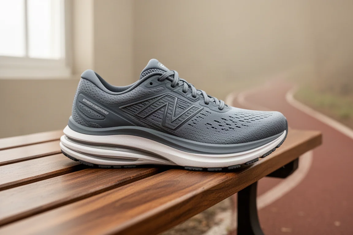 Thick-stacked cushioned running shoe midsole resting on a wooden bench